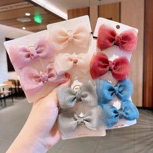 Sparkling mesh bow hair clips set for girls in pink, burgundy, and blue princess styles
