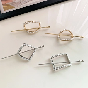 Korean Minimalist Faux Artificial Pearl Hair Stick Metal Geometric Hair Fork For Women Elegant Updo Hair Pin Jewelry Accessory
