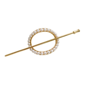 Elegant gold metal hair pin set with round pearl inlay frame for bun hairstyles