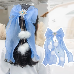 Pince à Cheveux Nœud Princesse pour Enfants en Organza Tulle Pendentif Flocon de Neige Ruban Avec Gland à Pompon Blanc Accessoires de Cheveux Féeriques
