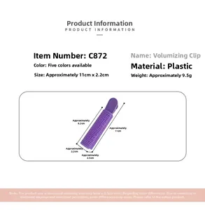 Detail view of purple hair volumizing clip with size dimensions 11cm by 2.2cm