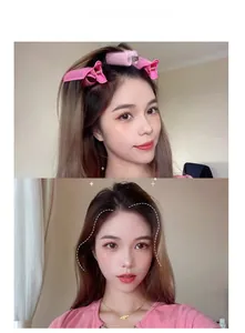 Pink hair root clip for volume showing before and after styling on a female model