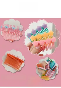 Detailed views of girls' hair combs featuring sequins, stars, and strawberry patterns