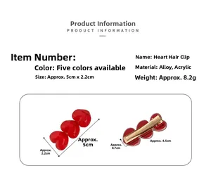 Detailed view of red heart hair clip made of alloy and acrylic with size dimensions
