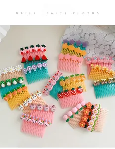 Close-up of colorful cartoon hair combs with cute resin patterns for girls' hairstyles