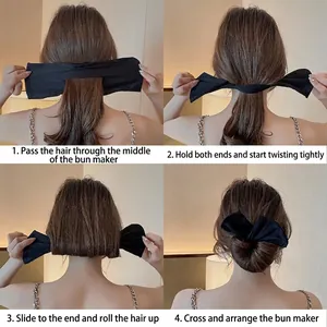 Floral print hair bun maker shown in a four-step guide for elegant Korean hairstyles