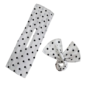 Retro floral print hair bun maker and bow scrunchie set in black and white polka dots