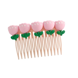 Pink tulip hair comb for girls featuring cartoon resin flowers and green leaves accessory