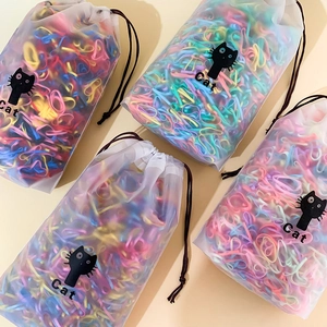 Bulk pack of colorful high-elastic hair bands for kids in frosted cat drawstring bags