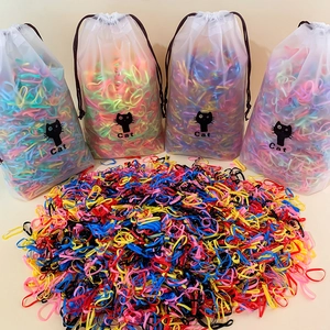 Bulk colorful high-elastic hair ties for kids with four translucent cat-print drawstring bags