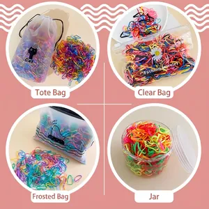 Colorful elastic hair ties set in assorted pouches and jars for girls' hairstyles
