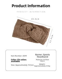 Brown knitted sports headband detail featuring cross twist design and product dimensions