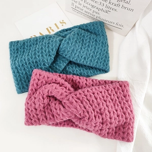 Knit twisted wide headbands in cyan blue and rose red colors with wave textures