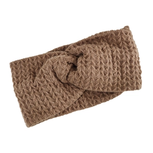 Brown knitted twist headband with waffle texture for sports and daily casual wear