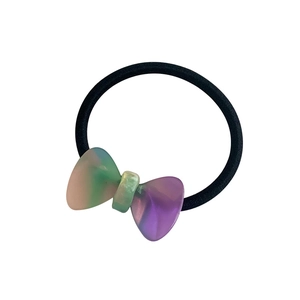Elegant gradient acetate bow hair tie with green and pink resin finish on elastic band