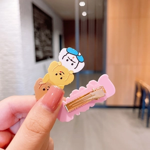 Three cartoon dog hair clips set for girls featuring pink wavy edge design on gold metal clip