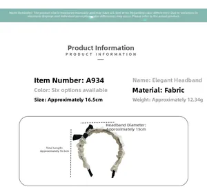 Detailed size specifications of the elegant beige pleated fabric headband for women