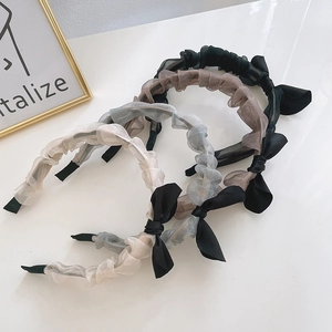 Set of 4 pleated chiffon rabbit ear headbands in black, grey, brown, and cream white