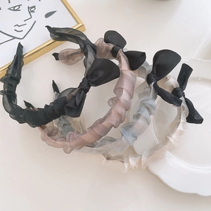 Set of four pleated chiffon bunny ear headbands in black, blue, mauve and cream colors