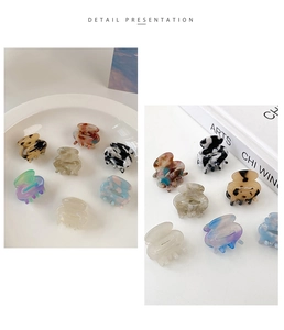 Detail presentation of mini acetate hair claw clips with various marbled and solid patterns