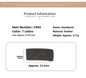 Vista dettagliata della fascia in lana lavorata a maglia grigio scuro con misure 21,5x8,5cm