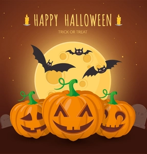 Cartoon pumpkin lanterns with black bats and gravestone on a Halloween background