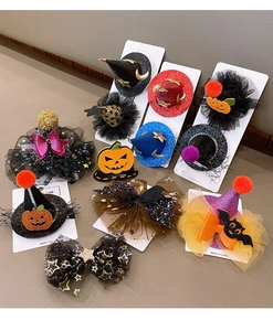 Detail of assorted Halloween hair clips featuring sequins, lace veils and festive charms