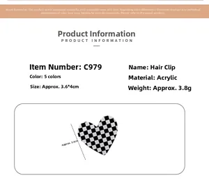 Detail view of heart-shaped checkerboard hair clip with product dimensions and specs
