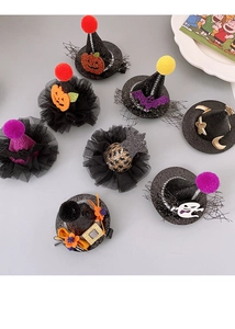 Mini Halloween witch hat clips with colorful pom-poms, pumpkin and bat decorations