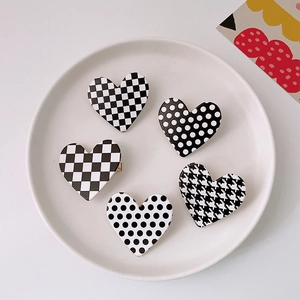 Sweet Heart Shaped Acrylic Hair Clips For Women Girls Checkerboard Polka Dot Houndstooth Marble Pattern Hairpins Side Clips