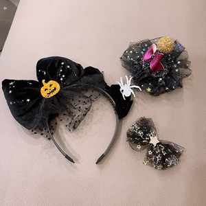 Halloween party headband set with sequined pumpkin bow and spider web lace details