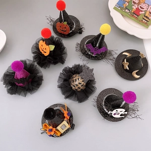 Set of 8 Halloween mini witch hat hair clips with glitter pumpkins and bats for party