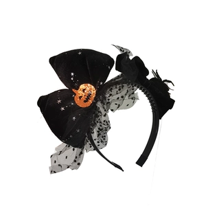 Halloween bat headband with black velvet star bow, orange glitter pumpkin and lace veil detail