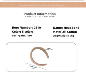 Detailed size chart for the padded cotton headband showing dimensions and pink woven texture