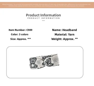 Detail specifications of cartoon bear knitted headband showing soft grey yarn texture