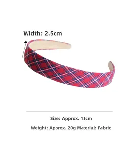 Detail showing red plaid sponge headband dimensions of 13cm diameter and 2.5cm width