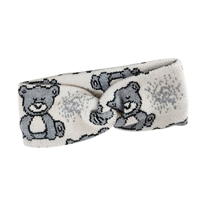 Winter knitted twist headband with grey cartoon bear and snowflake patterns in beige wool