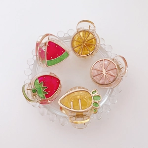 Set di 5 piccole mollette per capelli con motivi di frutta e verdura, anguria e carota