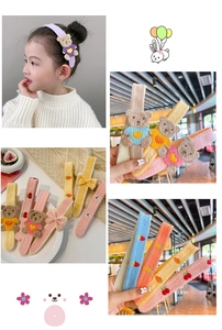 Detailed view of children's knitted headband with cartoon bear and fruit embroidery