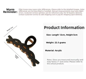 Technical view of a 12cm bicolor acrylic hair claw clip with detailed size and weight specs