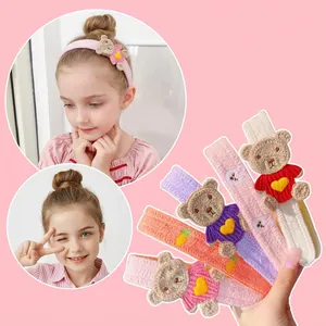 Knitted bear hairbands for girls, colorful children accessories with heart plush bears