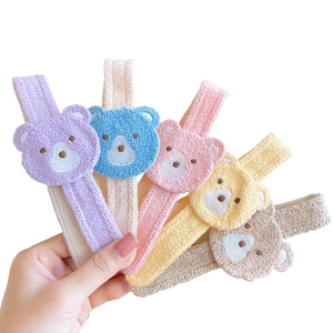 Macaron colored knitted bear headbands for girls, featuring cute cartoon embroidery patches