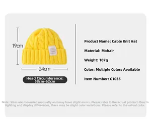 Size specifications for a yellow chunky knit mohair hat measuring 19cm by 24cm