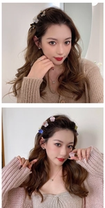 Détail de mini pinces à cheveux fleurs en écaille et couleurs pastel sur coiffure de modèle