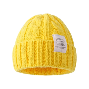 Classic bright yellow cable knit beanie for women with fold-over cuff and letter patch