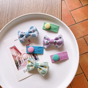 Set of 6 cute floral dot fabric bow hair clips for girls in various pastel colors