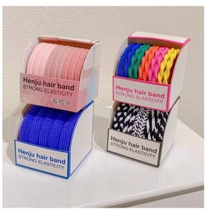 Close-up of assorted high elasticity candy-colored hair bands in retail packaging