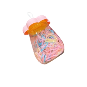Bottled colorful elastic hair bands with cute flower lid and portable handle for girls