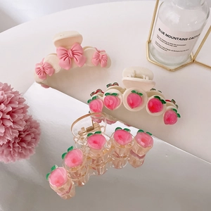 Pince à Cheveux en Acrylique Pêche Style Coréen Doux Fille Ours Rose Nœud Barrette Résine Fruit Fleur Accessoire