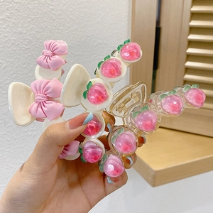 Pince à cheveux en acrylique pêche et nœud rose, accessoire de coiffure style féerique
